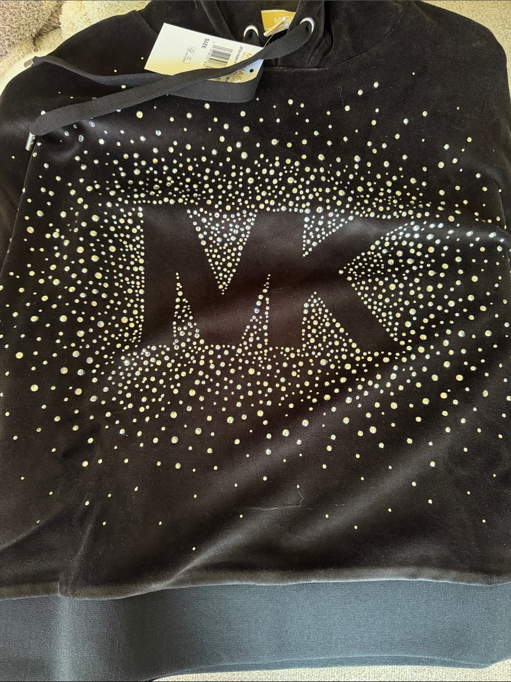 NWT Michael Kors Black Velvet Hoodie with Rhinestone MK Design Size Medium - Picture 2 of 5